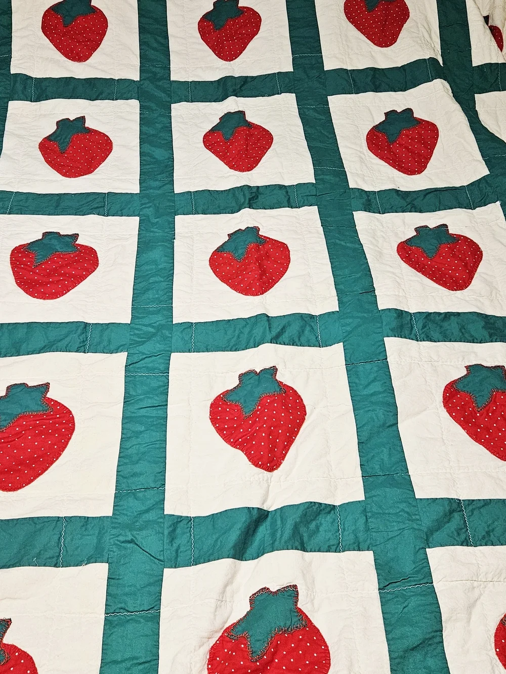 Handmade Strawberry Patch Quilt - Red & Teal Bedding